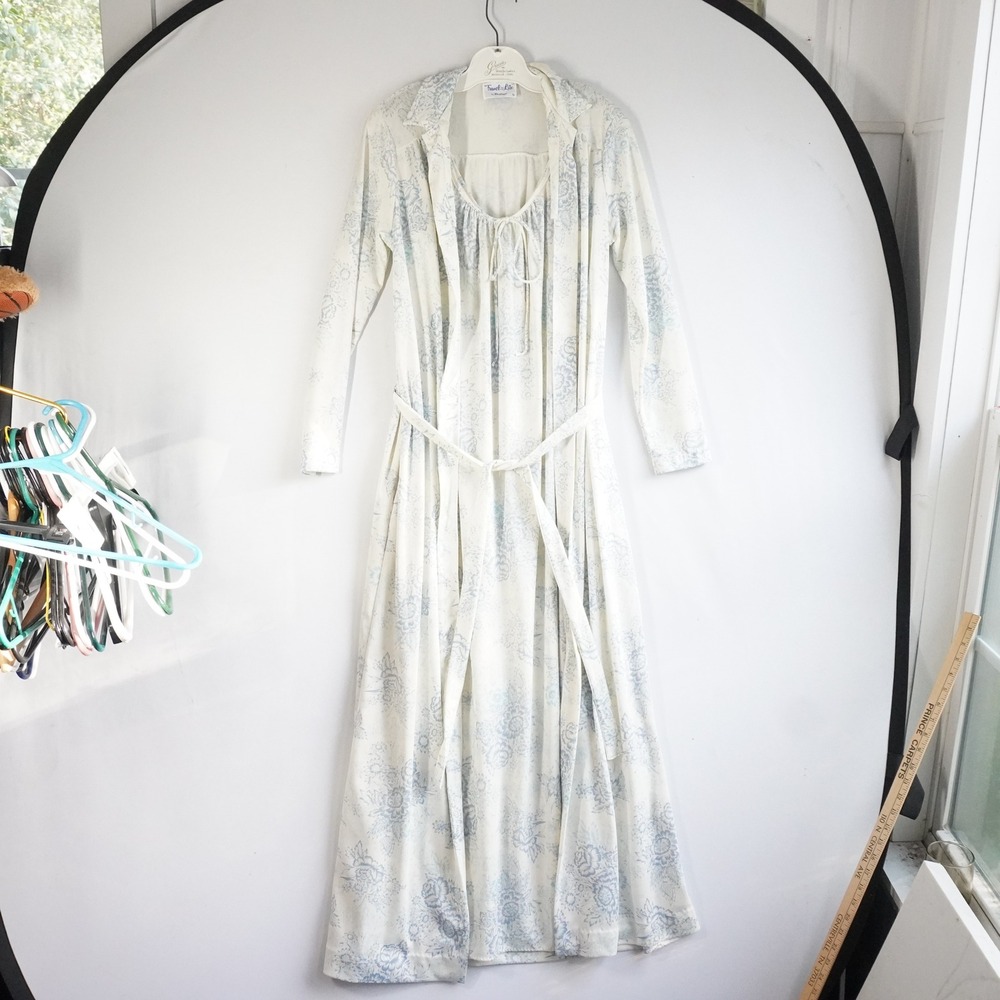Vintage Travel-Lite Blue Floral Toile Robe Nightgown Set White S Golden Girls